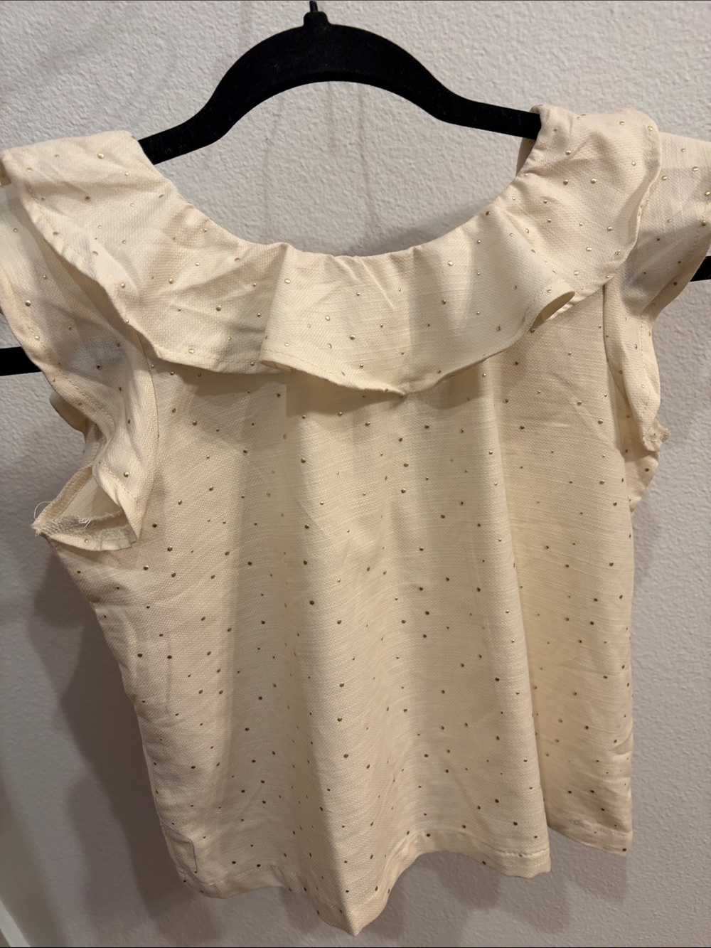 Girls French Connection Cream Ruffle Shoulder Top with Gold Dots